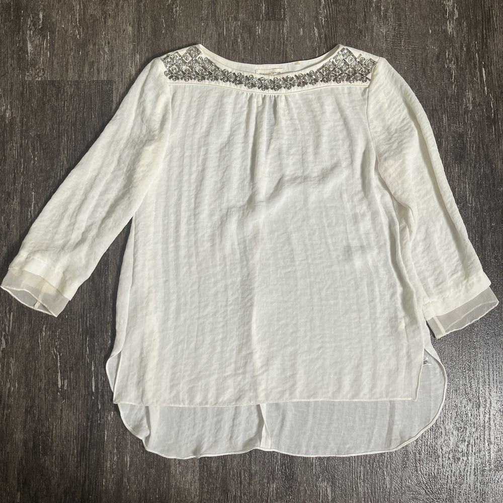Rebecca Taylor Womens White Silk‎ Beaded Blouse Size 2 Keyhole Back 3/4 Sleeve